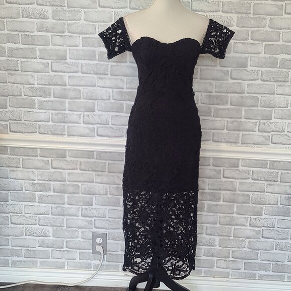 J.O.A. Off the Shoulder Black Lace Midi Dress LBD Whimsigoth Classic NEW Small - Picture 10 of 10